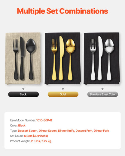 30-delars svart bestickset, livsmedelsklassat bestick i rostfritt stål för 6 personer, spegelblank bestickset, diskmaskinssäkert porslin för kök och hem, inklusive kniv, gaffel och sked