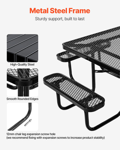 Picnic Table, Outdoor Weather Resistant Patio Dining Furniture Set, Heavy Duty Coated Steel Tables with Umbrella Hole, 45.7 in Square Table and Bench Set, for Garden, Backyard, Porch, Black