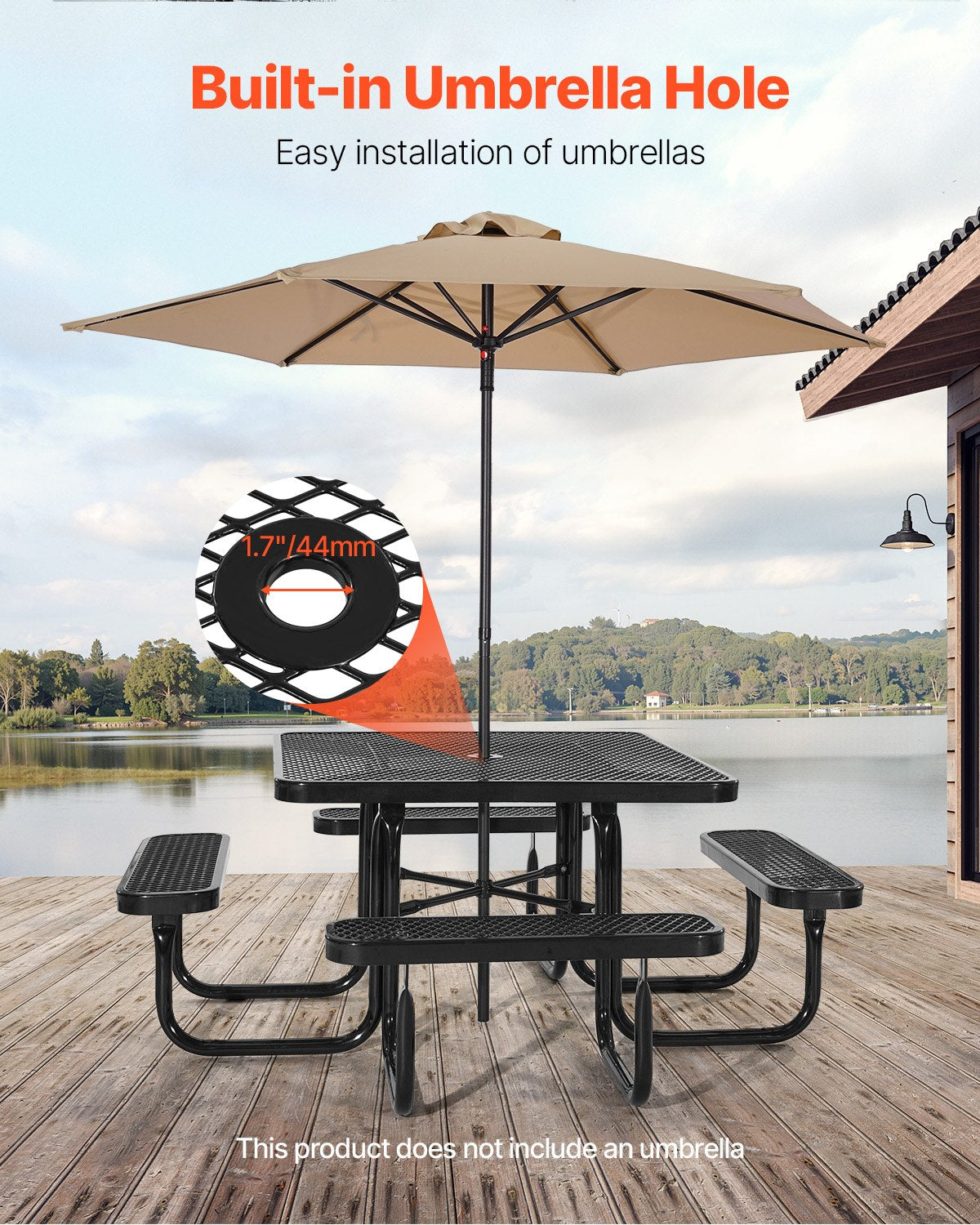Picnic Table, Outdoor Weather Resistant Patio Dining Furniture Set, Heavy Duty Coated Steel Tables with Umbrella Hole, 45.7 in Square Table and Bench Set, for Garden, Backyard, Porch, Black