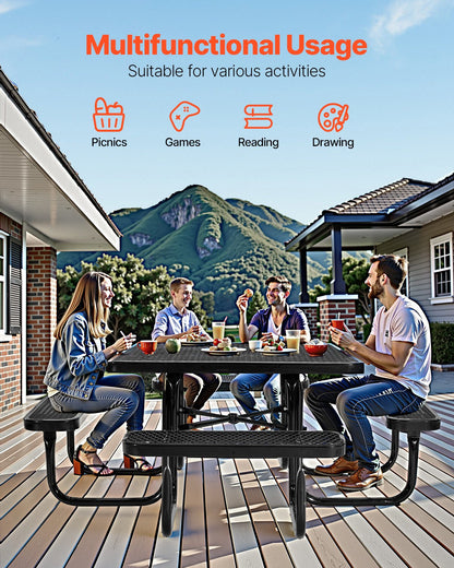 Picnic Table, Outdoor Weather Resistant Patio Dining Furniture Set, Heavy Duty Coated Steel Tables with Umbrella Hole, 45.7 in Square Table and Bench Set, for Garden, Backyard, Porch, Black