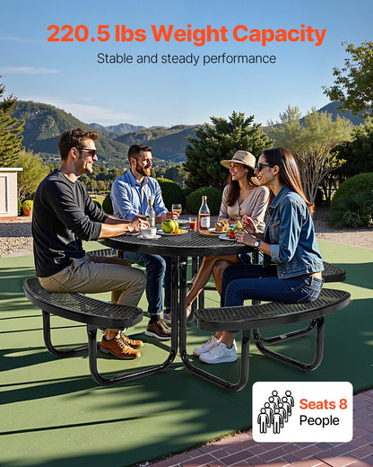 Heavy-Duty Picnic Table, Outdoor Furniture Weather Resistant Patio Dining Set, Coated Steel Tables with Umbrella Hole, 46" Round Table and Bench Set, for Garden, Backyard, Porch (Black)