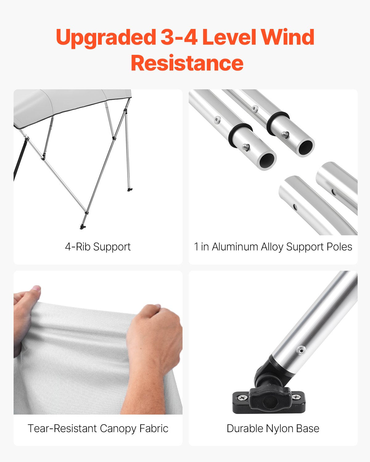 Biminitopp för båt med 4 bogar, 600D polyesterkapell med aluminiumram, vattentätt och solskyddande båtmarkiskapell med förvaringsväska, 2 stödstänger, 4 remmar, 236 cm L x (162 cm-198 cm B x 142 cm H), ljusgrå