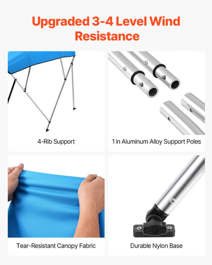 4 Bow Boat Bimini Tops, 600D Polyester Canopy with Aluminum Alloy Frame, Waterproof & Sun Shade Boat Awning Canopy with Storage Bag, 2 Support Poles, 4 Straps, 96"Lx(67"-72")Wx54"H, Pacific Blue