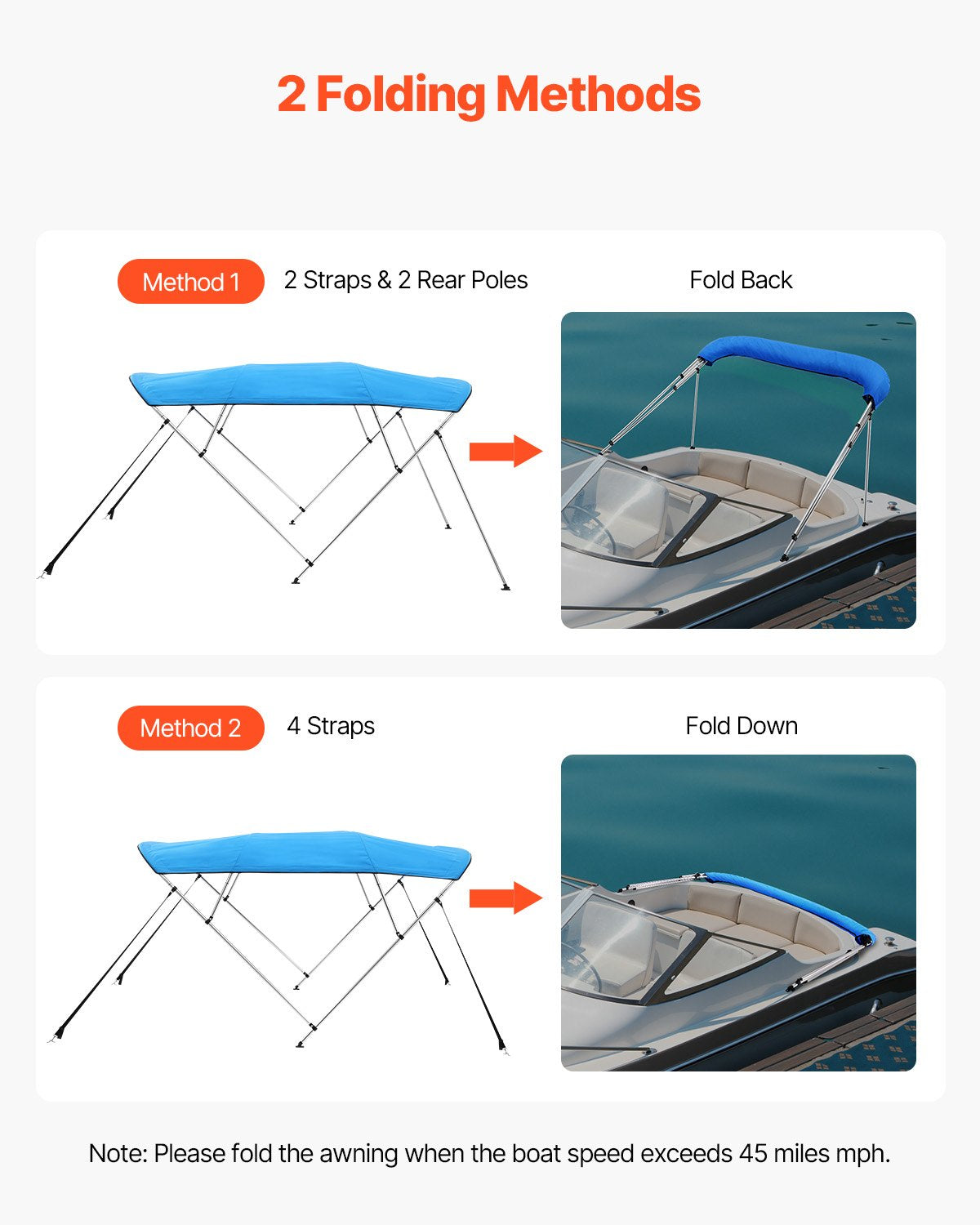 4 Bow Boat Bimini Tops, 600D Polyester Canopy with Aluminum Alloy Frame, Waterproof & Sun Shade Boat Awning Canopy with Storage Bag, 2 Support Poles, 4 Straps, 96"Lx(67"-72")Wx54"H, Pacific Blue