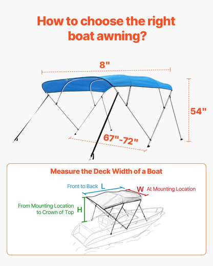 4 Bow Boat Bimini Tops, 600D Polyester Canopy with Aluminum Alloy Frame, Waterproof & Sun Shade Boat Awning Canopy with Storage Bag, 2 Support Poles, 4 Straps, 96"Lx(67"-72")Wx54"H, Pacific Blue