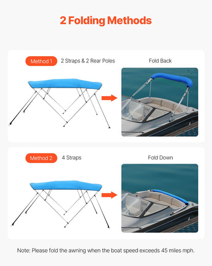 4 Bow Boat Bimini Tops, 600D Polyester Canopy with Aluminum Alloy Frame, Waterproof & Sun Shade Boat Awning Canopy with Storage Bag, 2 Support Poles, 4 Straps, 96"Lx(73"-78")Wx54"H, Pacific Blue