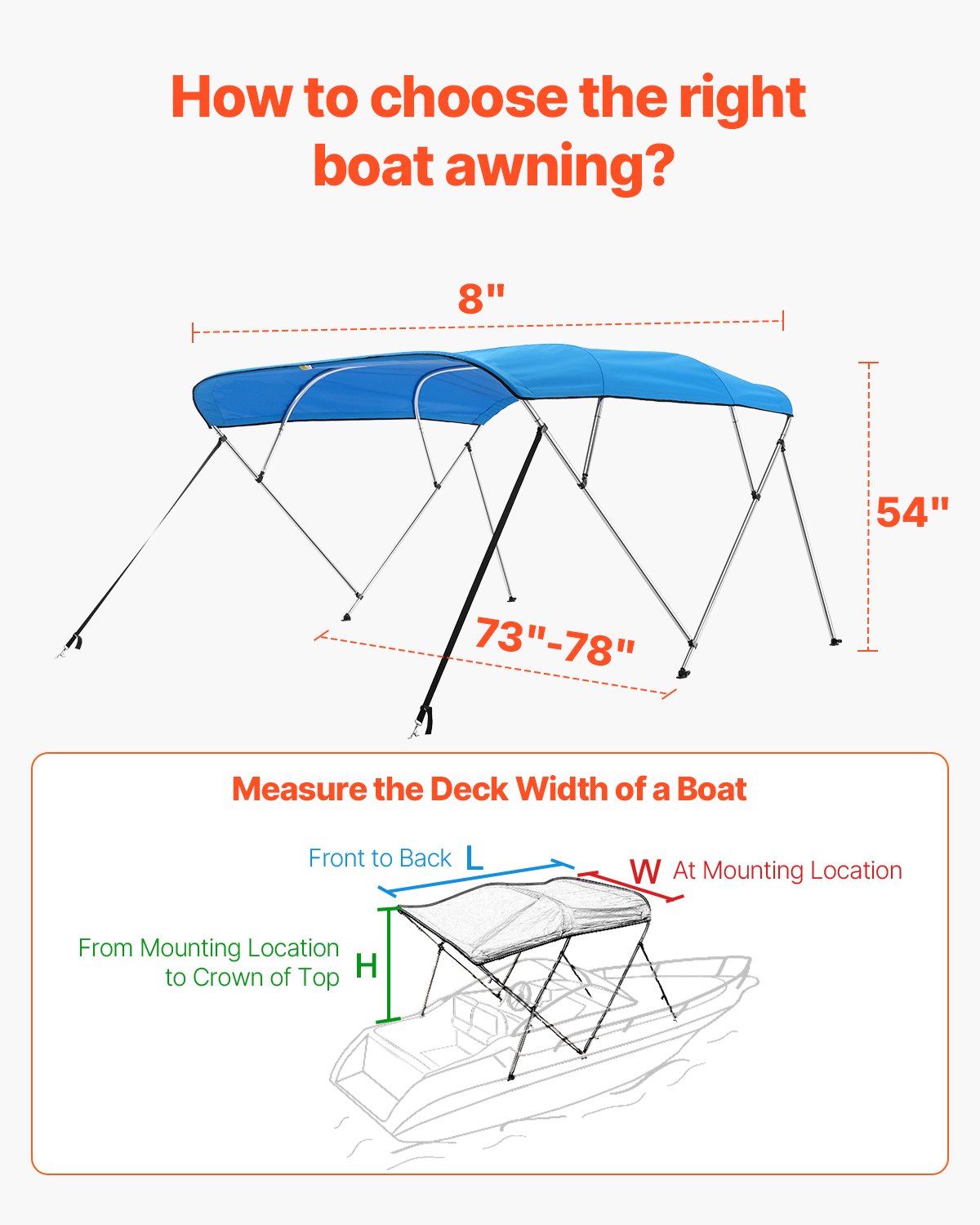 4 Bow Boat Bimini Tops, 600D Polyester Canopy with Aluminum Alloy Frame, Waterproof & Sun Shade Boat Awning Canopy with Storage Bag, 2 Support Poles, 4 Straps, 96"Lx(73"-78")Wx54"H, Pacific Blue