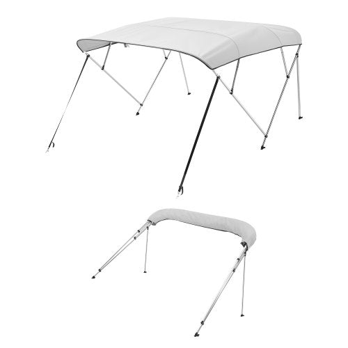 Biminitopp för båt med 4 bogar, 600D polyesterkapell med aluminiumram, vattentätt och solskyddande båtmarkiskapell med förvaringsväska, 2 stödstänger, 4 remmar, 236 cm L x (227 cm B x 147 cm H), ljusgrå