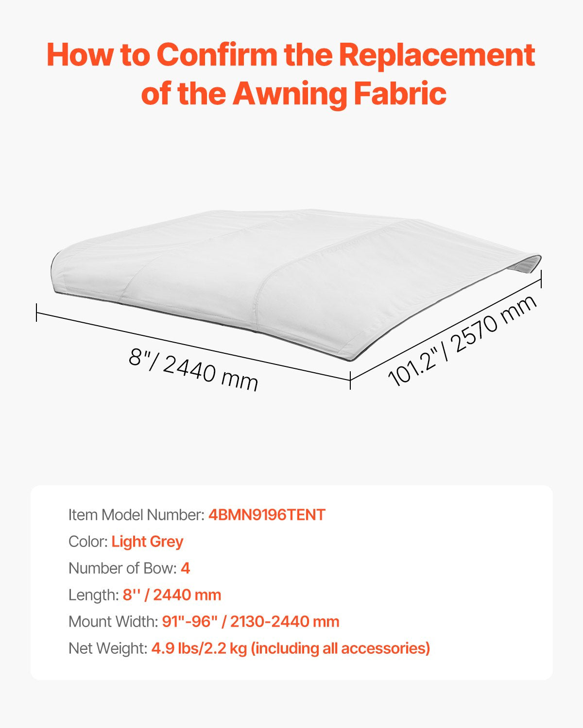 4 Bow Boat Bimini Tops, 600D Polyester Canopy, Waterproof & Sun Protection Boat Awning Canopy with Storage Bag, Bimini Top Replacement, 96"Lx(91"-96")W, Light Grey (Support Frame Not Included)