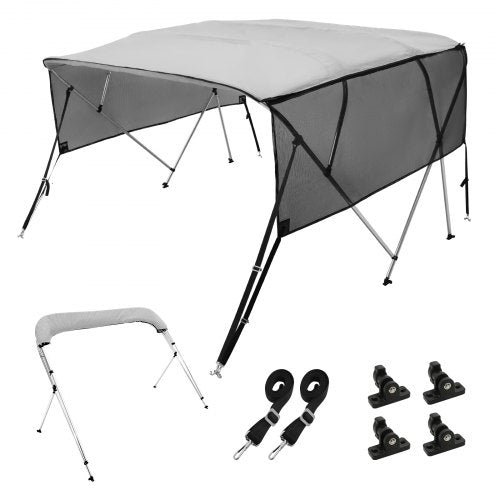 4 Bow Bimini Top Boat Cover, Detachable Mesh Sidewalls, 600D Polyester Canopy with 1" Aluminum Alloy Frame, Includes Storage Boot, 2 Support Poles, 2 Straps, 8'L x 54"H x 91"-96"W, Light Grey
