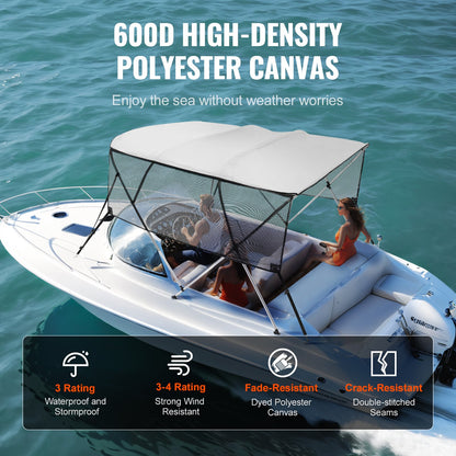 4 Bow Bimini Top Boat Cover, Detachable Mesh Sidewalls, 600D Polyester Canopy with 1" Aluminum Alloy Frame, Includes Storage Boot, 2 Support Poles, 2 Straps, 8'L x 54"H x 91"-96"W, Light Grey
