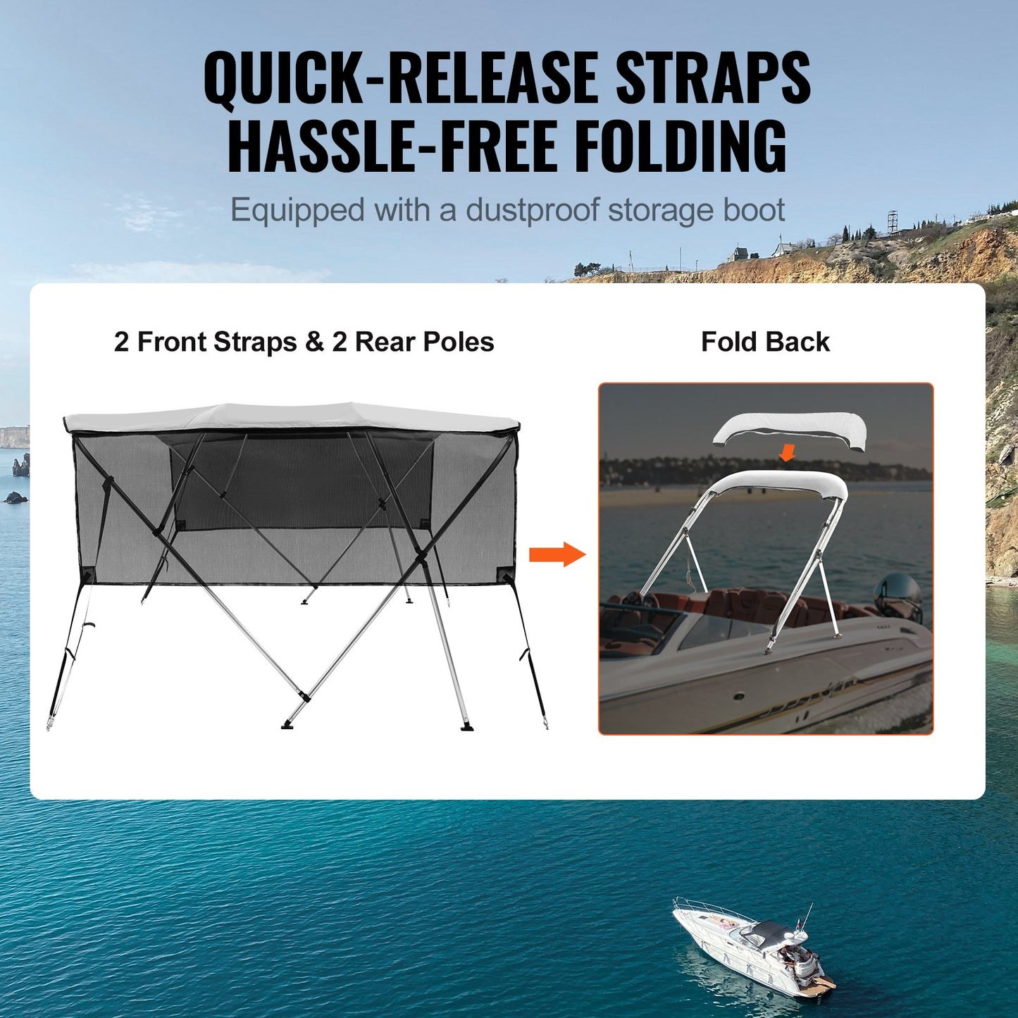 4 Bow Bimini Top Boat Cover, Detachable Mesh Sidewalls, 600D Polyester Canopy with 1" Aluminum Alloy Frame, Includes Storage Boot, 2 Support Poles, 2 Straps, 8'L x 54"H x 91"-96"W, Light Grey