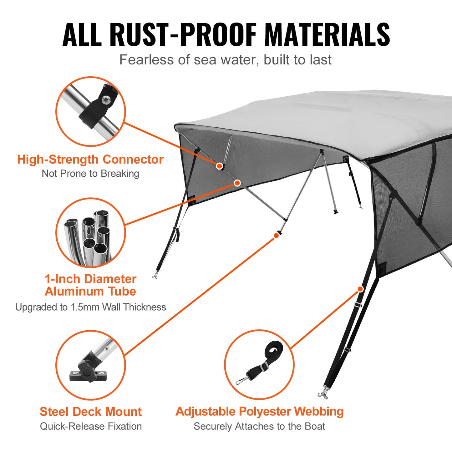 4 Bow Bimini Top Boat Cover, Detachable Mesh Sidewalls, 600D Polyester Canopy with 1" Aluminum Alloy Frame, Includes Storage Boot, 2 Support Poles, 2 Straps, 8'L x 54"H x 91"-96"W, Light Grey
