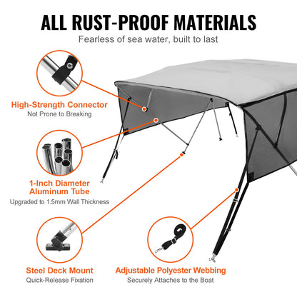 4 Bow Bimini Top Boat Cover, Detachable Mesh Sidewalls, 600D Polyester Canopy with 1" Aluminum Alloy Frame, Includes Storage Boot, 2 Support Poles, 2 Straps, 8'L x 54"H x 91"-96"W, Light Grey