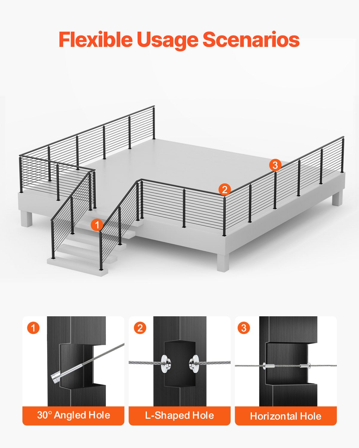 4-pack kabelräckesstolpe, 42x1x2 tum horisontellt hål för däckräcke med förborrade hål, kabelräckesstolpe i rostfritt stål med horisontellt och böjt fäste, svart, 4JZLGZXHS106REP67001V0