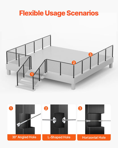 4-pack kabelräckesstolpe, 42x1x2 tum horisontellt hål för däckräcke med förborrade hål, kabelräckesstolpe i rostfritt stål med horisontellt och böjt fäste, svart, 4JZLGZXHS106REP67001V0