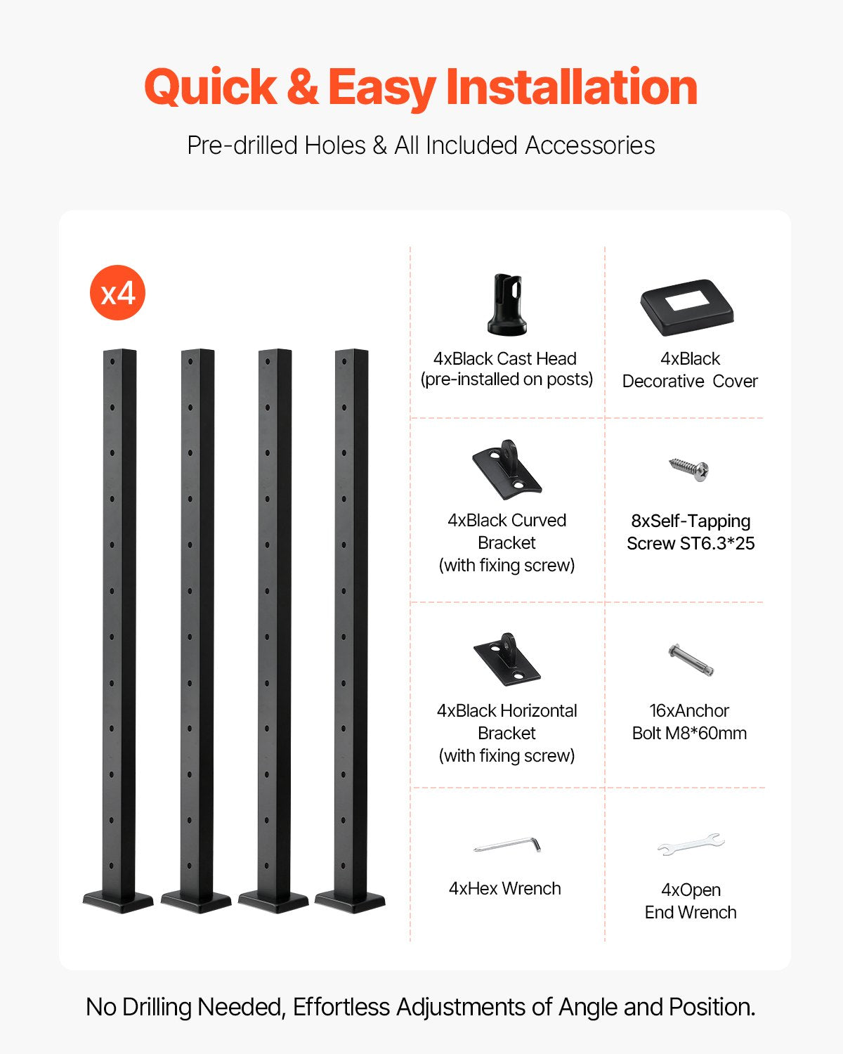 4-pack kabelräckesstolpe, 42x1x2 tum horisontellt hål för däckräcke med förborrade hål, kabelräckesstolpe i rostfritt stål med horisontellt och böjt fäste, svart, 4JZLGZXHS106REP67001V0