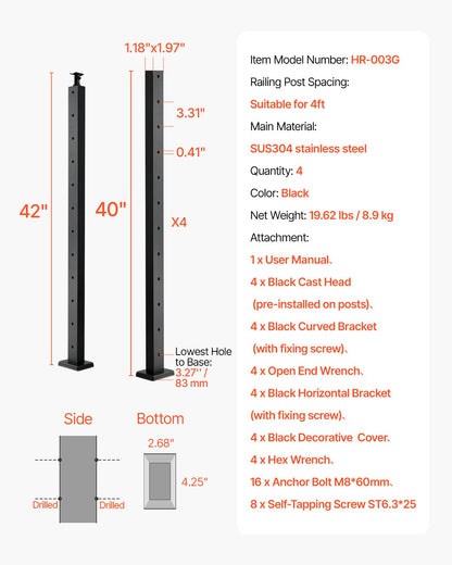 4-pack kabelräckesstolpe, 42x1x2 tum horisontellt hål för däckräcke med förborrade hål, kabelräckesstolpe i rostfritt stål med horisontellt och böjt fäste, svart, 4JZLGZXHS106REP67001V0