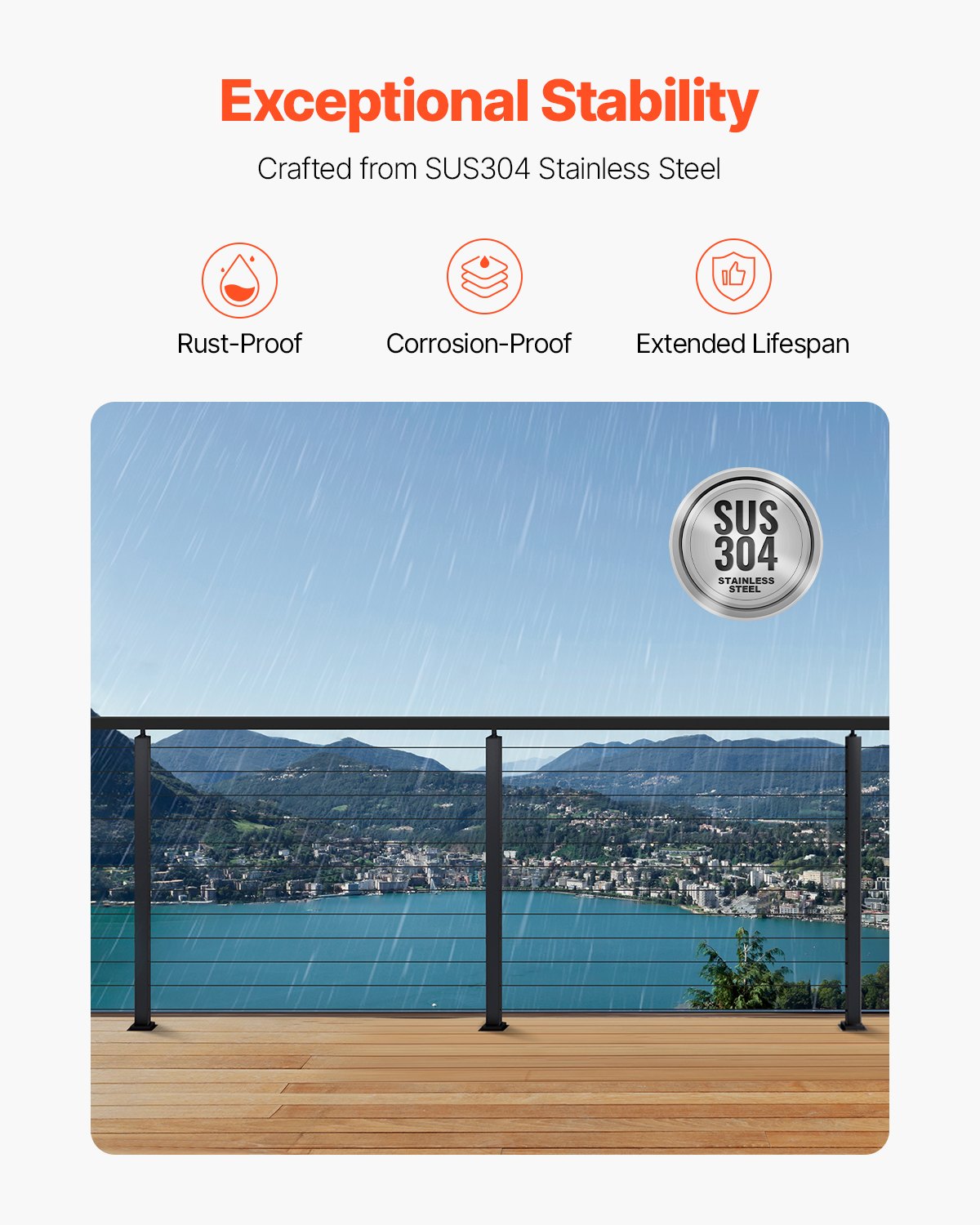 4-Pack Cable Railing Post, 42x2x2 In Horizontal-Hole Deck Railing Post with Pre-Drilled Holes, Stainless Steel Cable Rail Post with Horizontal and Curved Bracket, Black, 4JZLGZXHS106URZU0001V0