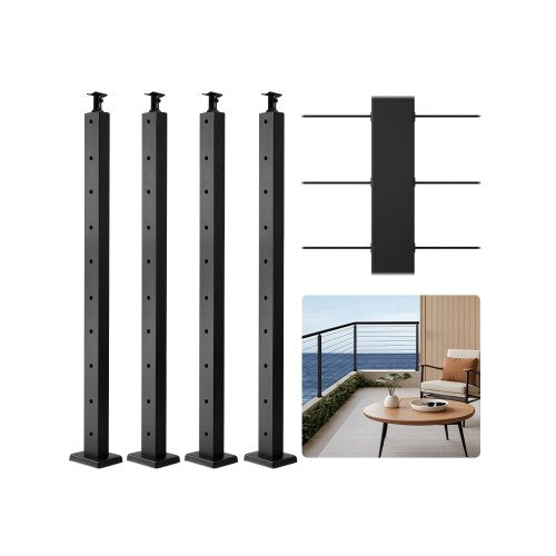 4-pack kabelräckesstolpe, 36x1x2 tum horisontellt hål däckräckesstolpe med förborrade hål, kabelräckesstolpe i rostfritt stål med horisontellt och böjt fäste, svart, 4JZLGZXHS914UUOI6001V0