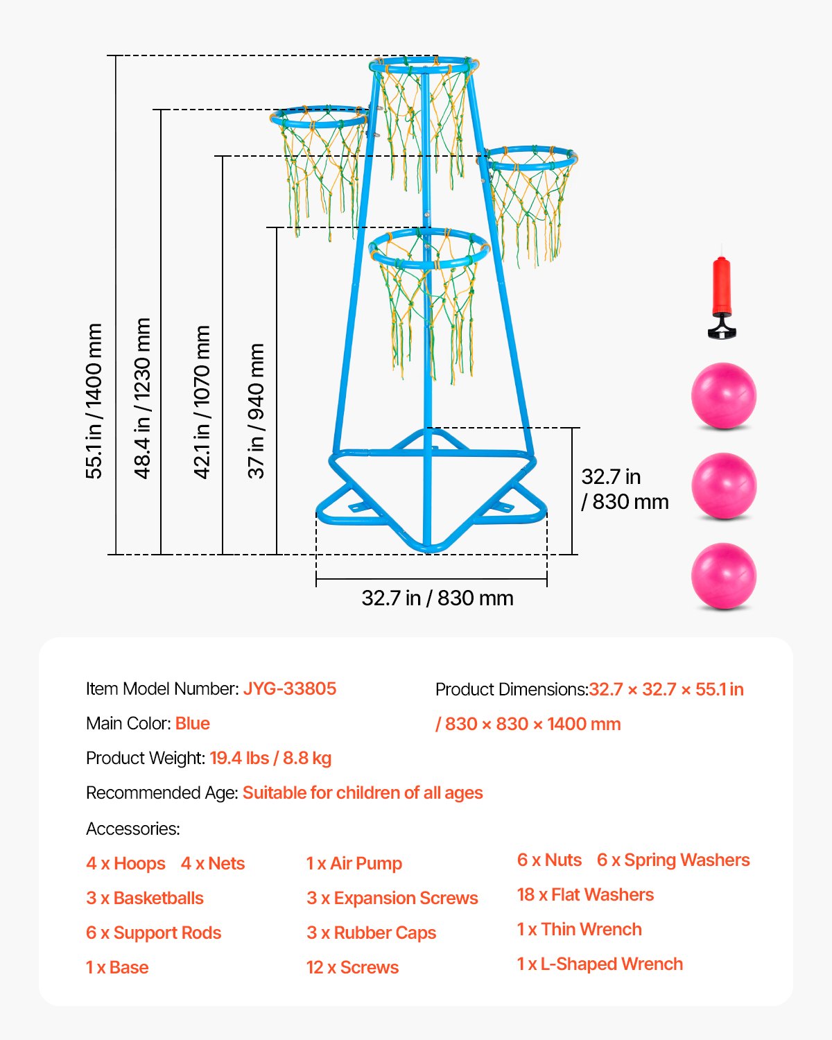 Barnbasketkorg, 4 basketkorgar för barn, bärbart basketställ med justerbar höjd och 3 bollar, basketleksak för inomhus och utomhusbruk för barn i alla åldrar, pojkar och flickor