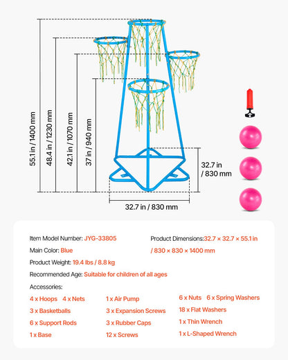 Barnbasketkorg, 4 basketkorgar för barn, bärbart basketställ med justerbar höjd och 3 bollar, basketleksak för inomhus och utomhusbruk för barn i alla åldrar, pojkar och flickor