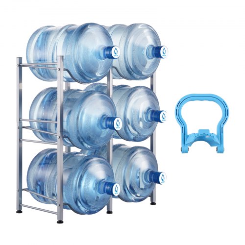 3 Tiers Water Jug Holder, 5 Gallon Water Bottle Holder, Double Row Water Bottle Rack for 6 Bottles, Heavy Duty Water Jug Rack for Kitchen, Office, Living Room, Silver