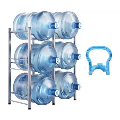 3 Tiers Water Jug Holder, 5 Gallon Water Bottle Holder, Double Row Water Bottle Rack for 6 Bottles, Heavy Duty Water Jug Rack for Kitchen, Office, Living Room, Silver