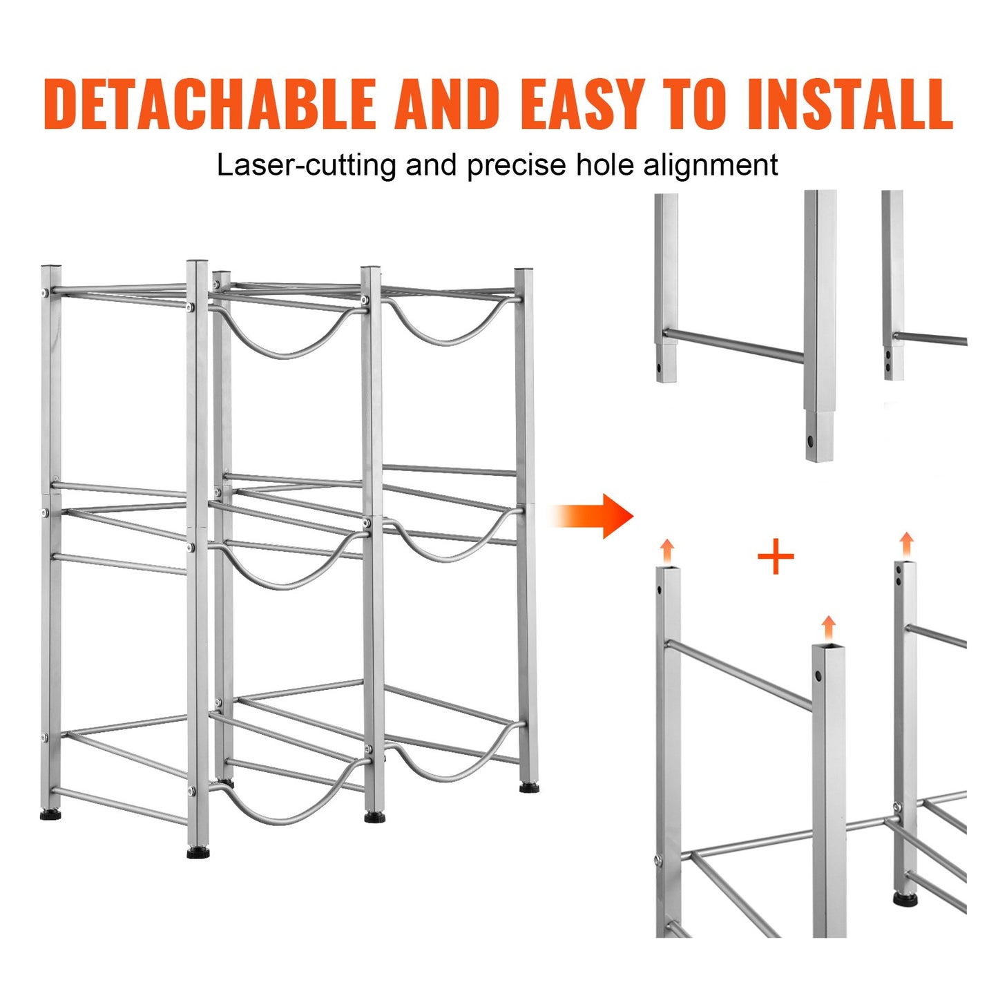 3 Tiers Water Jug Holder, 5 Gallon Water Bottle Holder, Double Row Water Bottle Rack for 6 Bottles, Heavy Duty Water Jug Rack for Kitchen, Office, Living Room, Silver