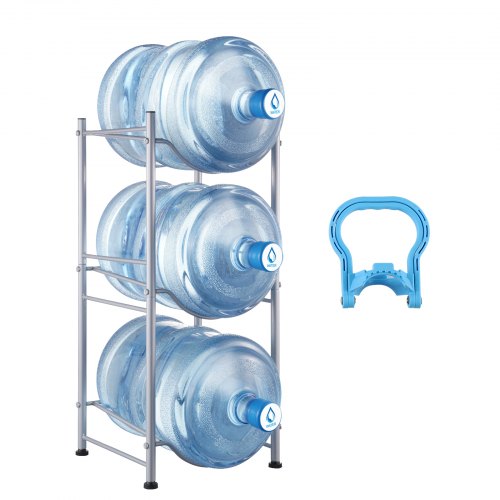 3 Tiers Water Jug Holder, 5 Gallon Water Bottle Holder, Single Row Water Bottle Rack for 3 Bottles, Heavy Duty Water Jug Rack for Kitchen, Office, Living Room, Silver