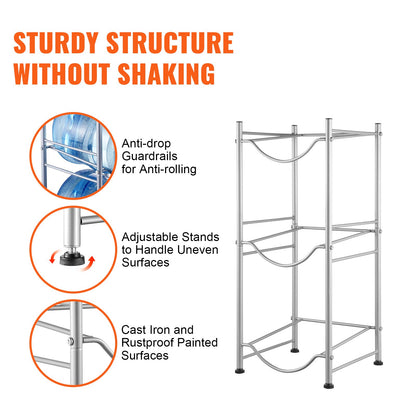 3-våningars vattenkannahållare, 23 liters vattenflaskhållare, enradig vattenflaskställ för 3 flaskor, kraftigt vattenkannaställ för kök, kontor, vardagsrum, silver