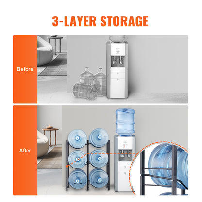 3-våningars vattenkannahållare, 5-gallons vattenflaskhållare, dubbelradig vattenflaskställ för 6 flaskor, kraftig vattenkannaställ för kök, kontor, vardagsrum, svart