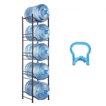 5 Tiers Water Jug Holder Single Row Water Bottle Rack for 5 Bottles, Heavy Duty Water Dispenser Rack with 5 Slots for Gallon Jugs, Detachable Water Storage Shelf Organizer for Home Living Room Office, Black