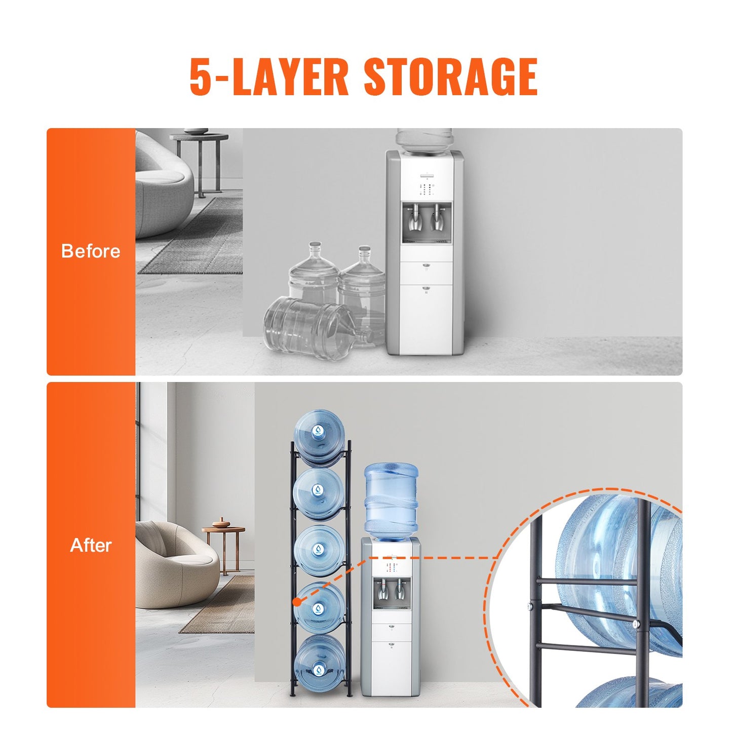 5 Tiers Water Jug Holder Single Row Water Bottle Rack for 5 Bottles, Heavy Duty Water Dispenser Rack with 5 Slots for Gallon Jugs, Detachable Water Storage Shelf Organizer for Home Living Room Office, Black