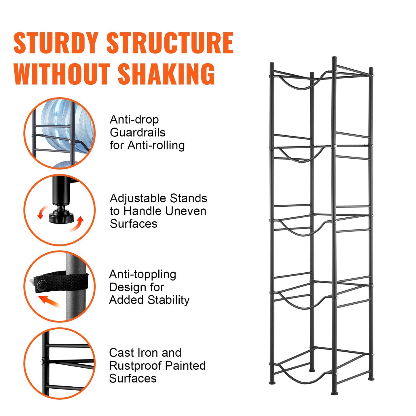5 Tiers Water Jug Holder Single Row Water Bottle Rack for 5 Bottles, Heavy Duty Water Dispenser Rack with 5 Slots for Gallon Jugs, Detachable Water Storage Shelf Organizer for Home Living Room Office, Black