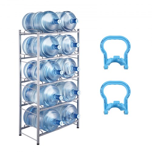 5 Tiers Water Jug Holder, 5 Gallon Water Bottle Holder, Double Row Water Bottle Rack for 10 Bottles, Heavy Duty Water Jug Rack for Kitchen, Office, Living Room, Silver Gray