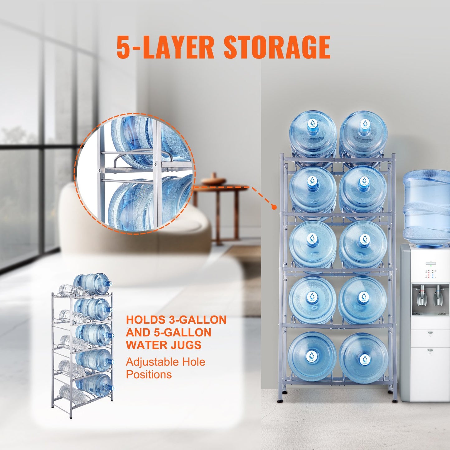 5 Tiers Water Jug Holder, 5 Gallon Water Bottle Holder, Double Row Water Bottle Rack for 10 Bottles, Heavy Duty Water Jug Rack for Kitchen, Office, Living Room, Silver Gray