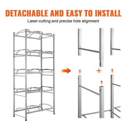 5 Tiers Water Jug Holder, 5 Gallon Water Bottle Holder, Double Row Water Bottle Rack for 10 Bottles, Heavy Duty Water Jug Rack for Kitchen, Office, Living Room, Silver Gray