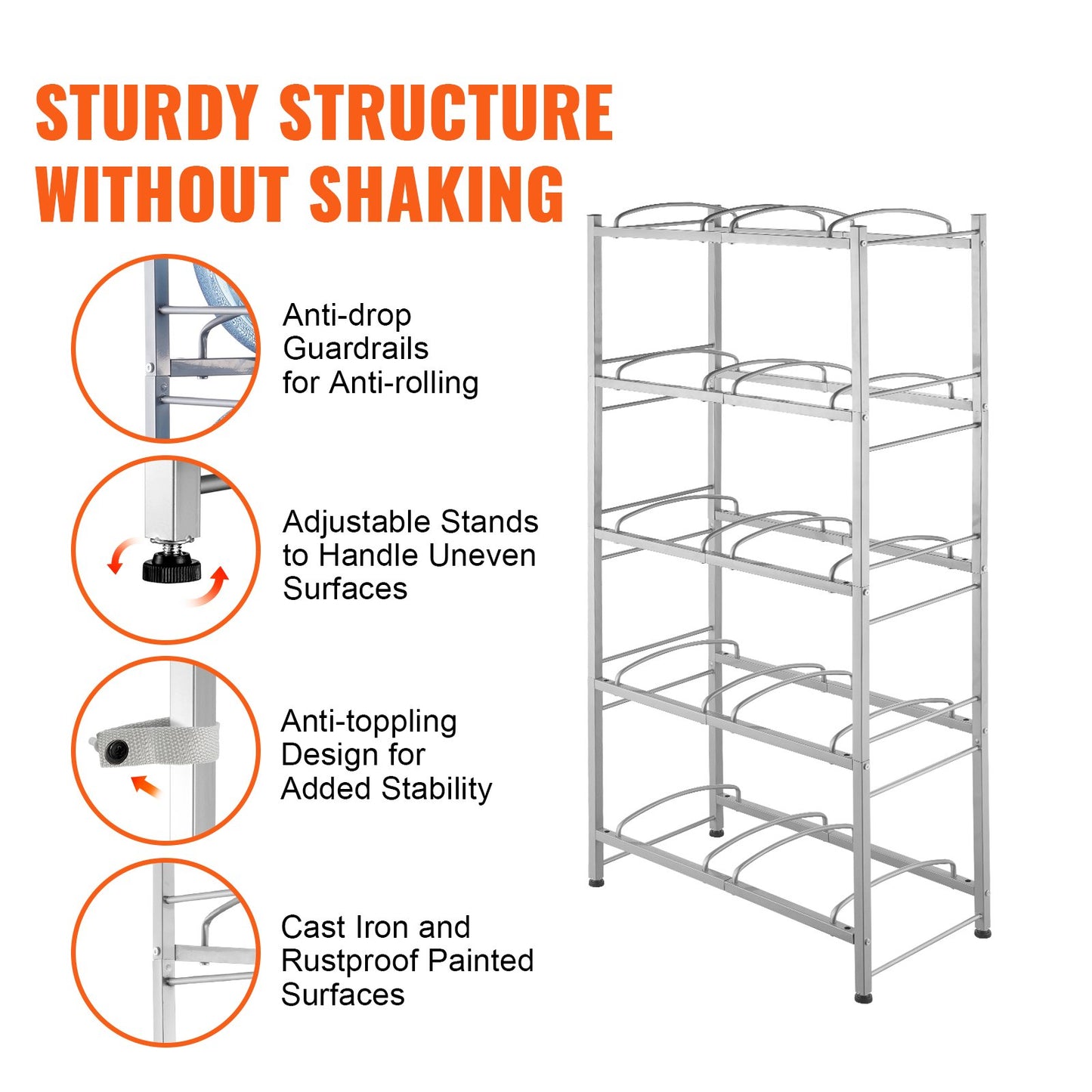 5 Tiers Water Jug Holder, 5 Gallon Water Bottle Holder, Double Row Water Bottle Rack for 10 Bottles, Heavy Duty Water Jug Rack for Kitchen, Office, Living Room, Silver Gray