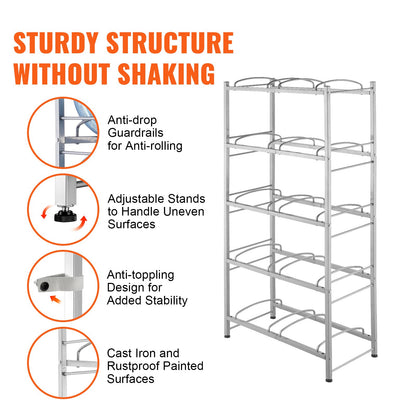 5 Tiers Water Jug Holder, 5 Gallon Water Bottle Holder, Double Row Water Bottle Rack for 10 Bottles, Heavy Duty Water Jug Rack for Kitchen, Office, Living Room, Silver Gray