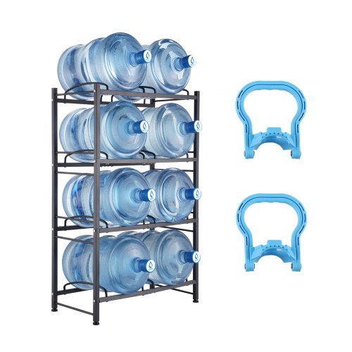 4 Tiers Water Jug Holder, 5 Gallon Water Bottle Holder, Double Row Water Bottle Rack for 8 Bottles, Heavy Duty Water Jug Rack for Kitchen, Office, Living Room, Black
