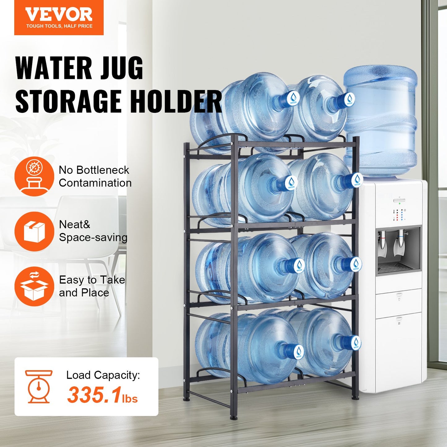 4 Tiers Water Jug Holder, 5 Gallon Water Bottle Holder, Double Row Water Bottle Rack for 8 Bottles, Heavy Duty Water Jug Rack for Kitchen, Office, Living Room, Black