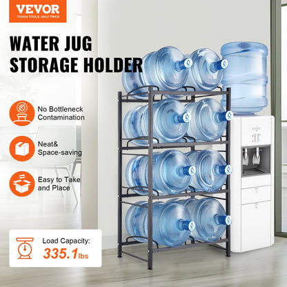 4 Tiers Water Jug Holder, 5 Gallon Water Bottle Holder, Double Row Water Bottle Rack for 8 Bottles, Heavy Duty Water Jug Rack for Kitchen, Office, Living Room, Black