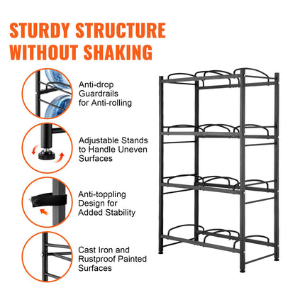 4 Tiers Water Jug Holder, 5 Gallon Water Bottle Holder, Double Row Water Bottle Rack for 8 Bottles, Heavy Duty Water Jug Rack for Kitchen, Office, Living Room, Black