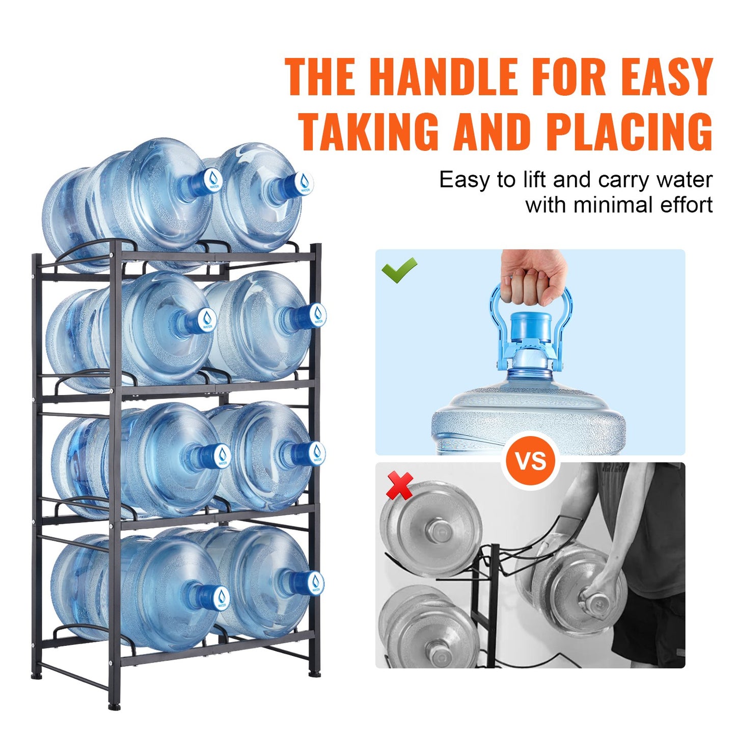 4 Tiers Water Jug Holder, 5 Gallon Water Bottle Holder, Double Row Water Bottle Rack for 8 Bottles, Heavy Duty Water Jug Rack for Kitchen, Office, Living Room, Black