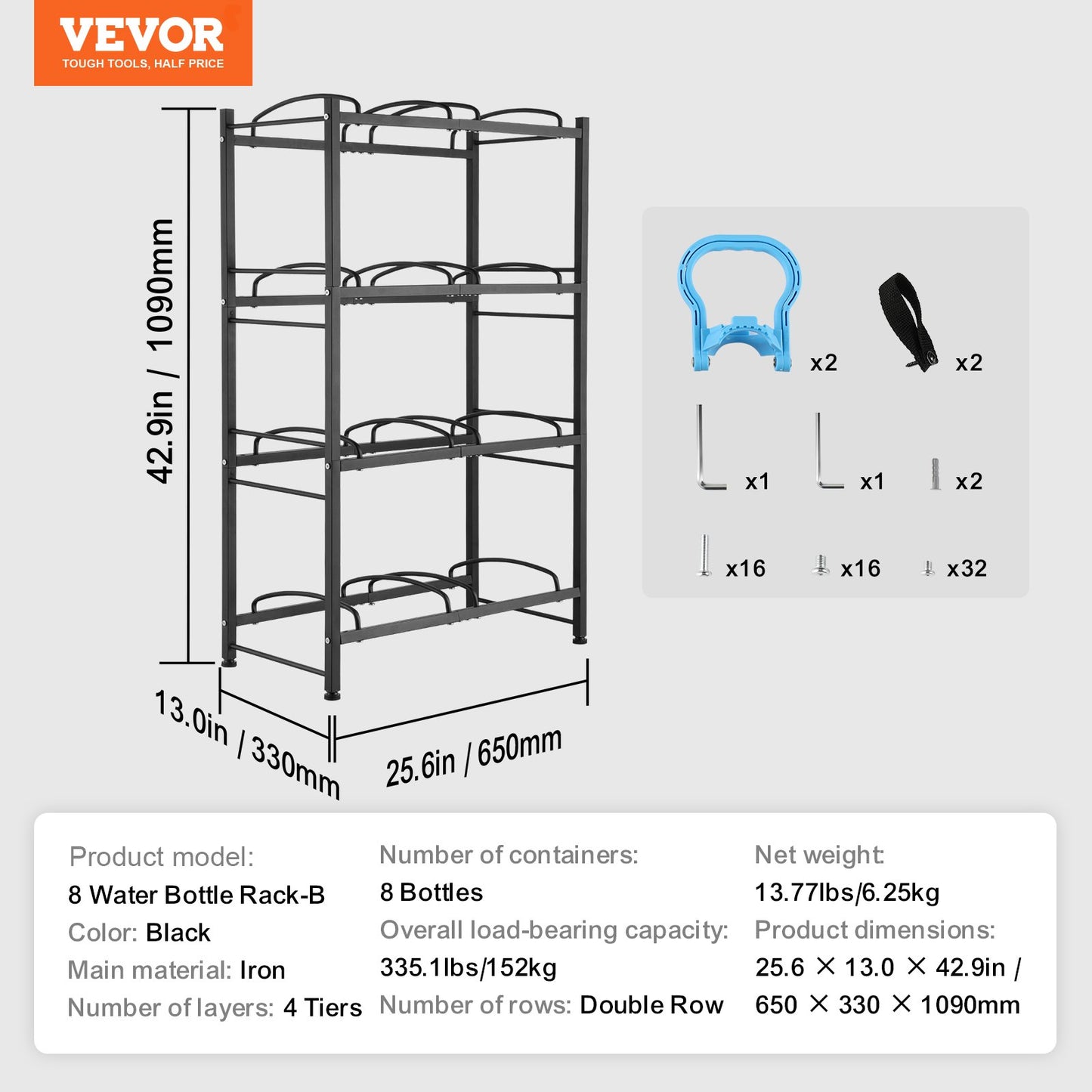 4 Tiers Water Jug Holder, 5 Gallon Water Bottle Holder, Double Row Water Bottle Rack for 8 Bottles, Heavy Duty Water Jug Rack for Kitchen, Office, Living Room, Black