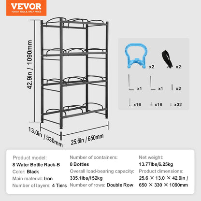 4 Tiers Water Jug Holder, 5 Gallon Water Bottle Holder, Double Row Water Bottle Rack for 8 Bottles, Heavy Duty Water Jug Rack for Kitchen, Office, Living Room, Black