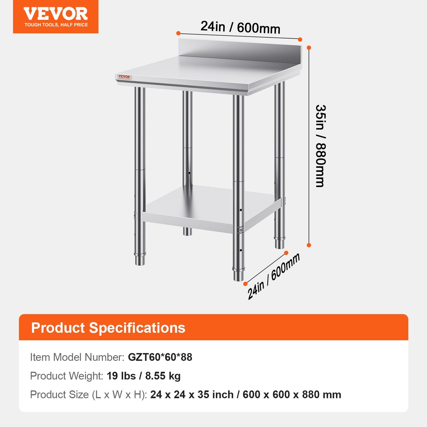 Work Table 24 x 24 x 34 Inches NSF Stainless Steel Work Table for Commercial Kitchen Prep Workbench 60X60X88cm with Lower Shelf Work Table Silvery for Commercial Kitchen Restaurant