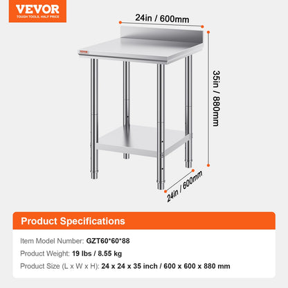 Work Table 24 x 24 x 34 Inches NSF Stainless Steel Work Table for Commercial Kitchen Prep Workbench 60X60X88cm with Lower Shelf Work Table Silvery for Commercial Kitchen Restaurant