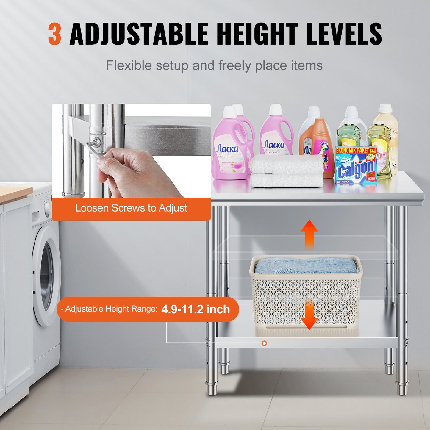 Stainless Steel Prep Table, 900x600x800 mm, 700 lbs Load Capacity, Heavy Duty Metal Worktable with 3 Adjustable Height Levels, Commercial Workstation for Kitchen Garage Restaurant Backyard